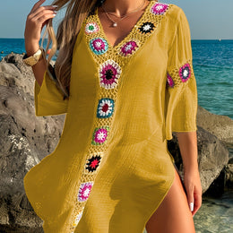 KissICON Yellow / UK 16 Moxdo Boho Floral V-Neck Maxi Beach Dress