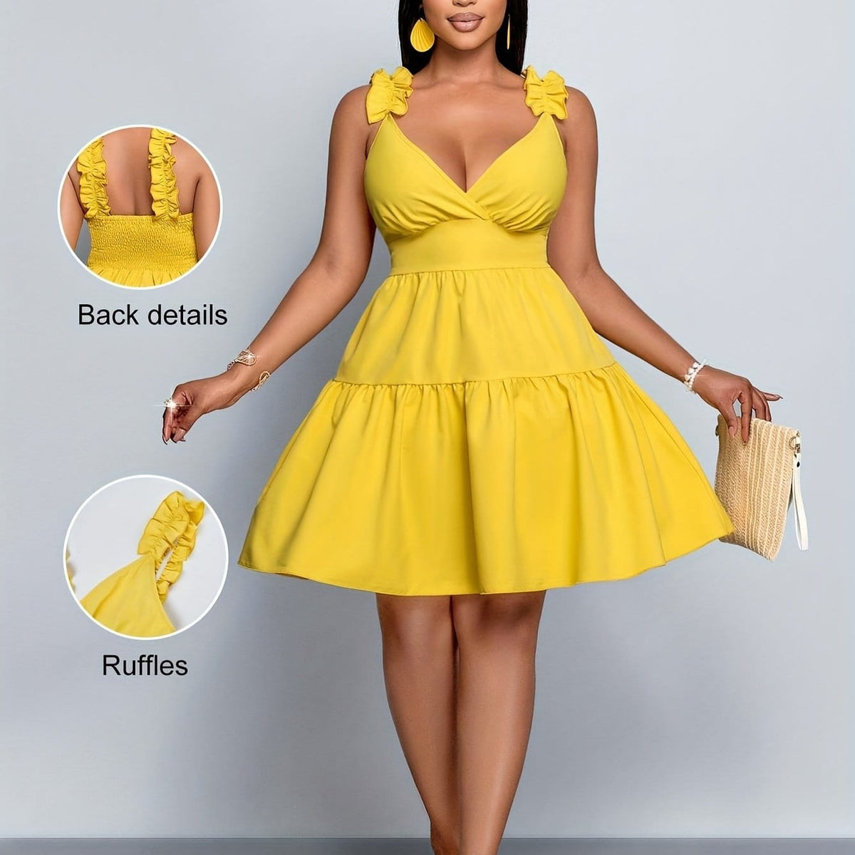 jkthpu-45 Yellow / UK 16 Plus Size Women's V-Neck Ruffled Shoulder Suspender Dress - Vibrant Yellow Casual Summer Dress with Layered Ruffles, Fitted Top & Flared Skirt, Machine Washable for Beach Vacations & Spring/Summer Outings, Dresses for Beach, Vacation Attire, Nontransparen