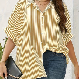 jkthpu-45 Yellow / UK 16 Yellow  White Plus Size Striped ButtonUp Summer Shirt