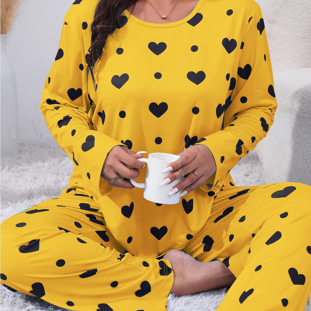 jkthpu-45 Yellow / UK 18 Plus Size Cozy Heart Print Pajama Set -