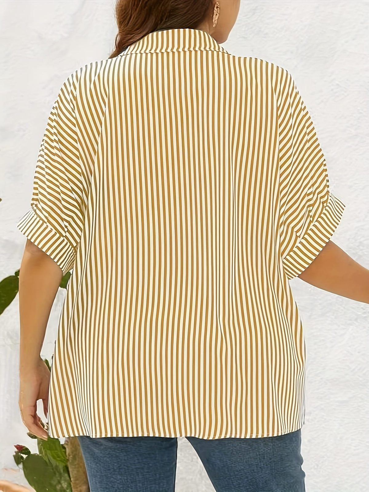 jkthpu-45 Yellow  White Plus Size Striped ButtonUp Summer Shirt