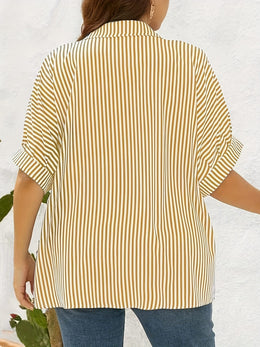 jkthpu-45 Yellow  White Plus Size Striped ButtonUp Summer Shirt