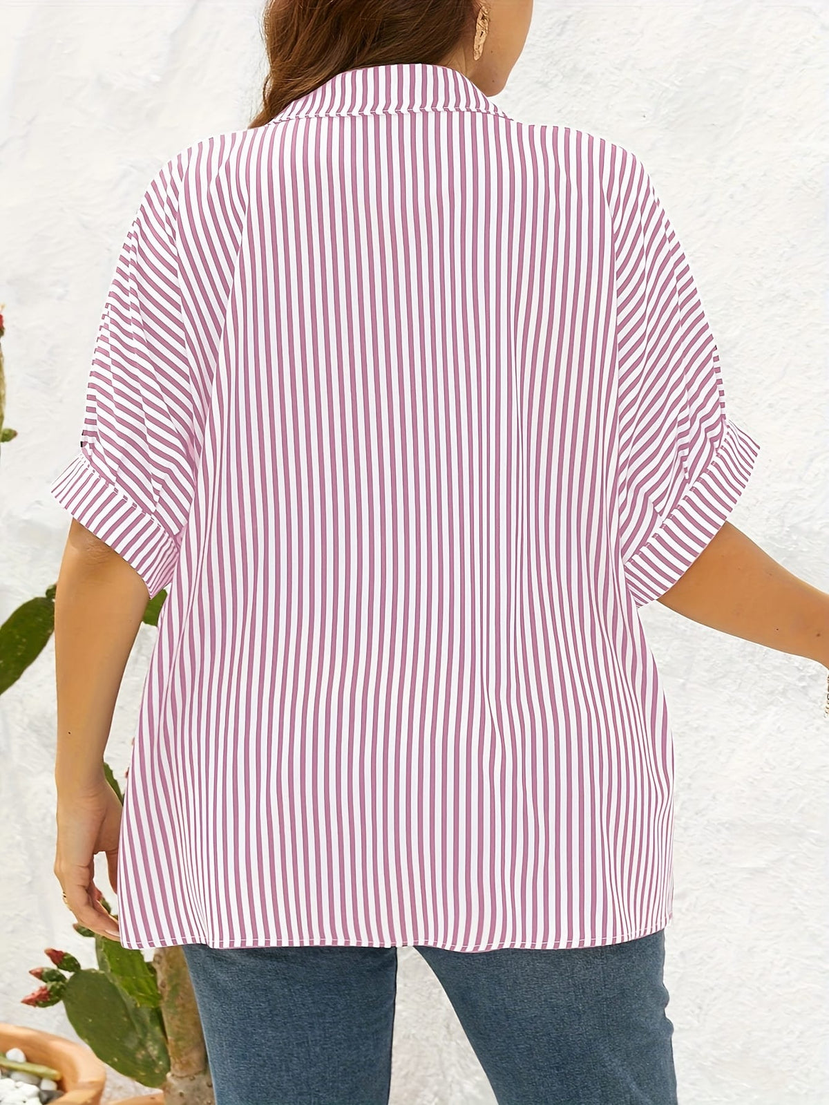 jkthpu-45 Yellow  White Plus Size Striped ButtonUp Summer Shirt