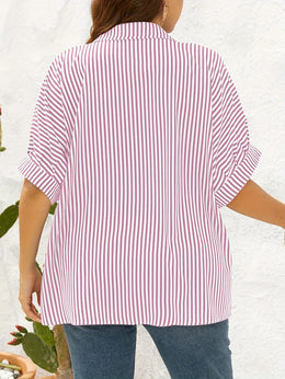jkthpu-45 Yellow  White Plus Size Striped ButtonUp Summer Shirt