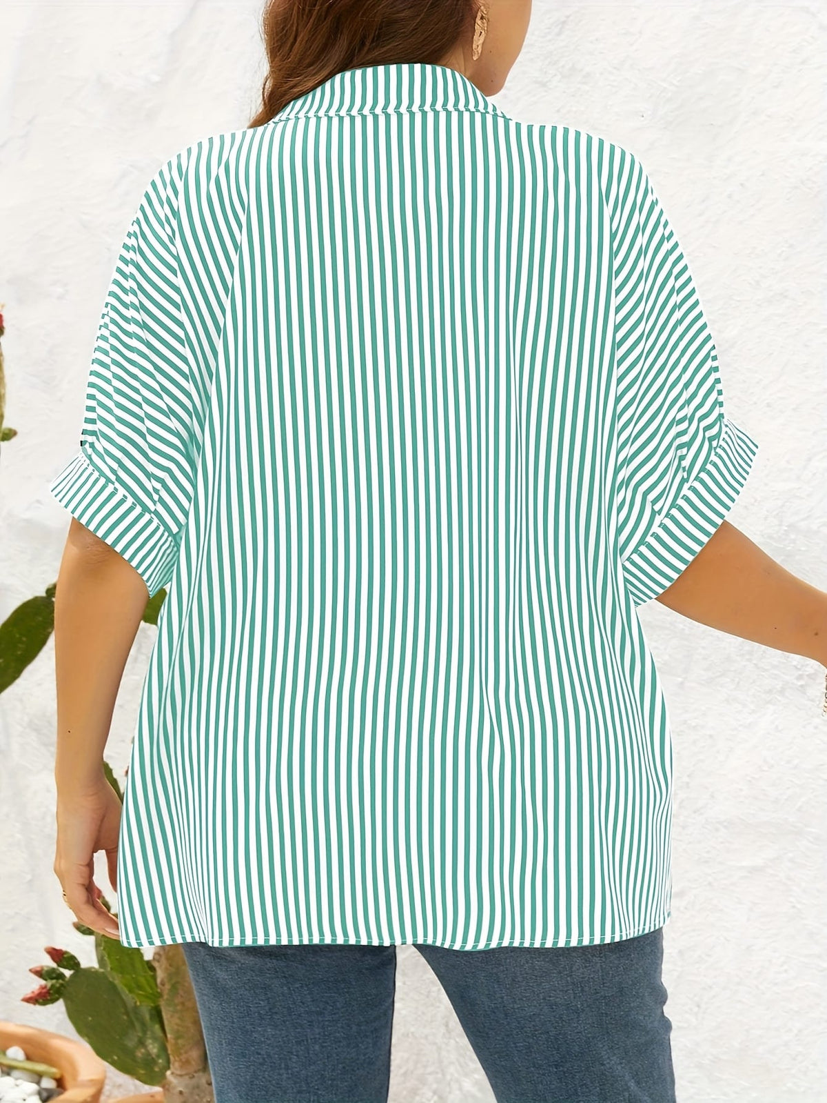 jkthpu-45 Yellow  White Plus Size Striped ButtonUp Summer Shirt