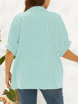 jkthpu-45 Yellow  White Plus Size Striped ButtonUp Summer Shirt