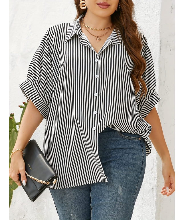 jkthpu-45 Yellow  White Plus Size Striped ButtonUp Summer Shirt