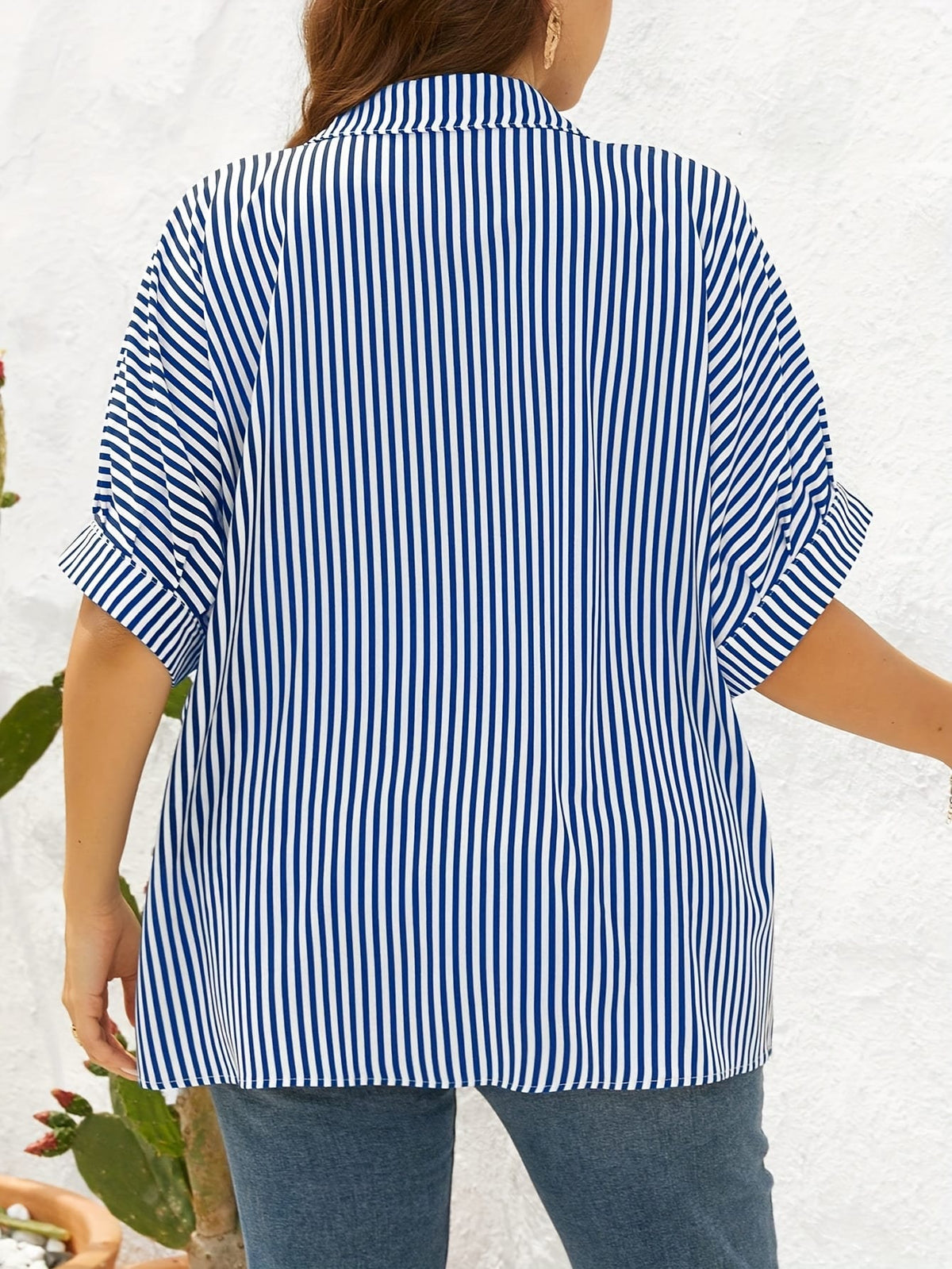jkthpu-45 Yellow  White Plus Size Striped ButtonUp Summer Shirt
