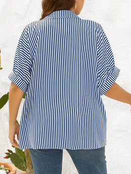 jkthpu-45 Yellow  White Plus Size Striped ButtonUp Summer Shirt