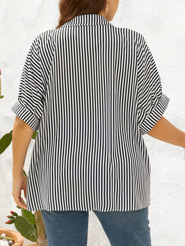 jkthpu-45 Yellow  White Plus Size Striped ButtonUp Summer Shirt